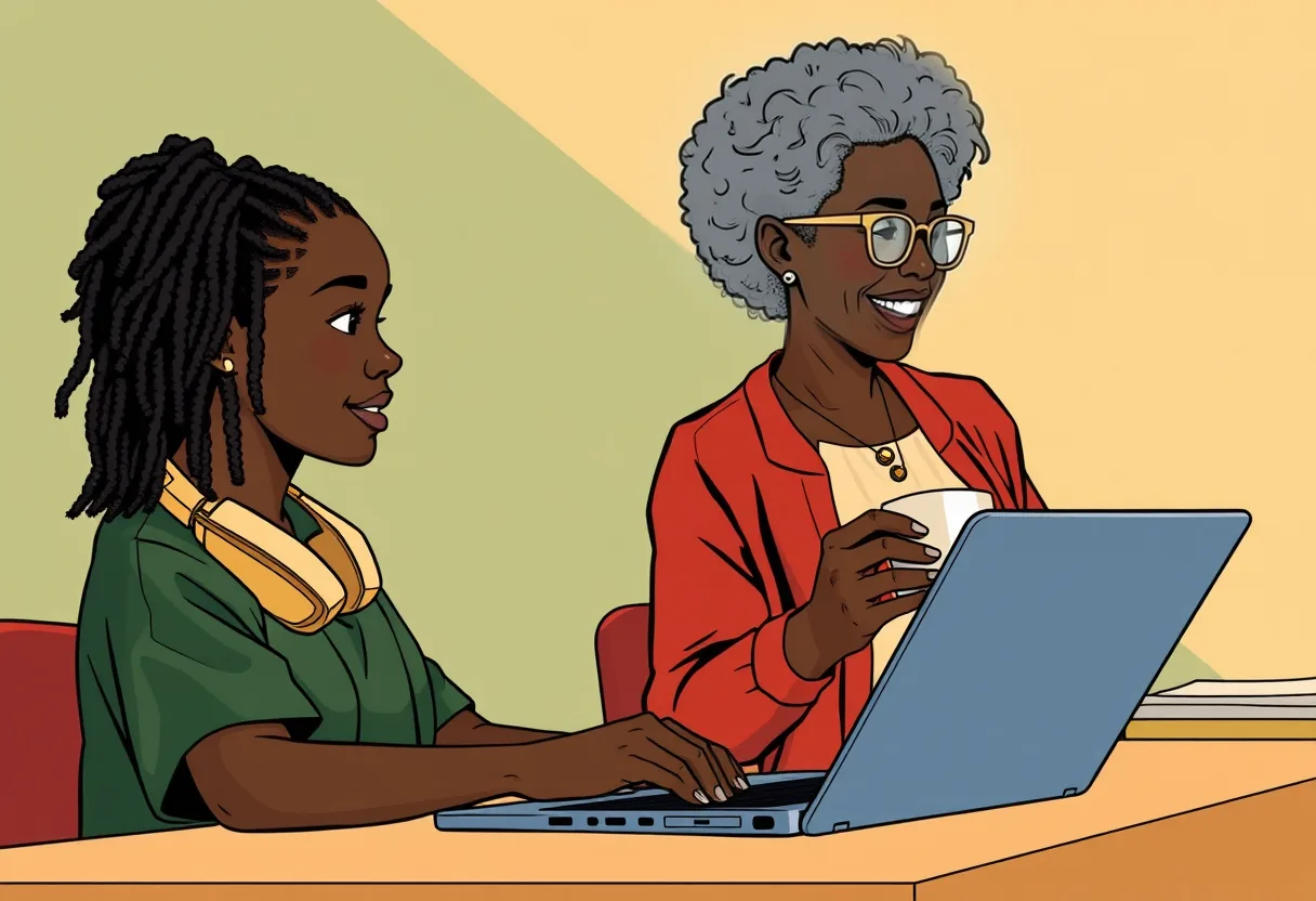 Dee types a report at the help desk while Ms. Harris stands beside her with a cup of coffee.