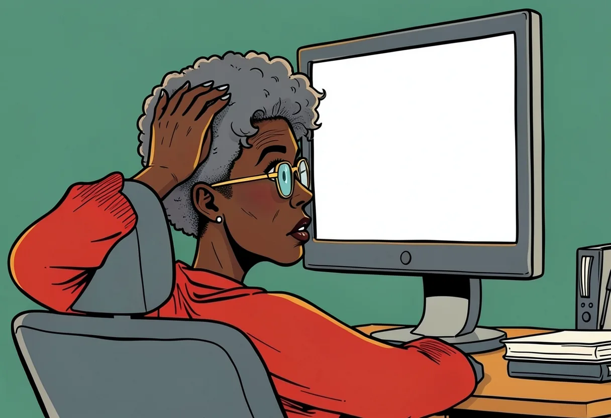 Ms. Harris holds her head in her hands, staring at her computer screen.