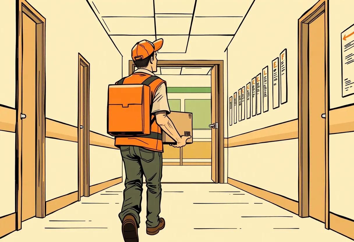 The man in the delivery vest walks alone down an empty school hallway, looking into a classroom.